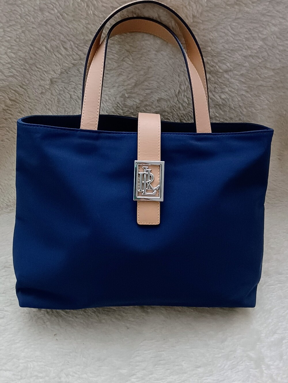 Lauren Ralph Lauren Navy Nylon Tote Bag with Leather Trim